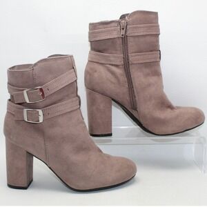 Christian Siriano Taupe Faux Suede Buckle Block Heel‎ Ankle Boots 7